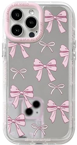 NITITOP Compatible with iPhone 12 Pro Max Case Cute Glossy Mirror Design Bowknot Ribbon for Women Girls Stylish Little Bow Pink Lens Bezel Design Shockproof Protective Cover - Pink