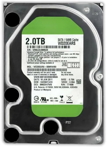 SIMPLETEK - Hard Disk interno 3.5 WD20EARS da 2TB | Interfaccia SATA III, 5400 RPM, Cache 64 MB | Capacità Elevata per PC (Ricondizionato)