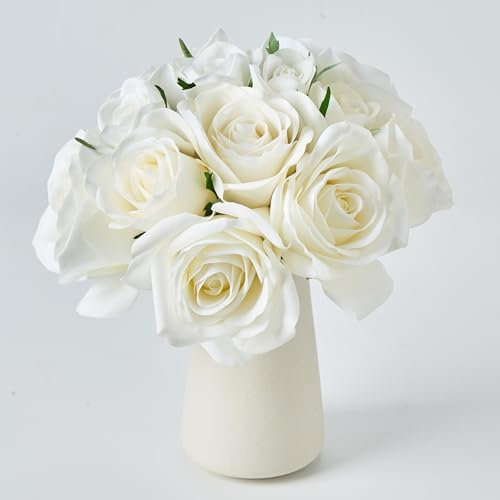 Avoeco 12-teiliger künstlicher Rosenstrauß in Keramikvase, künstliche Blumen in Vase, künstliche Blumen für Zuhause, Hochzeit, Brautstrauß, Party & Esstisch, Tafelaufsatz Dekor