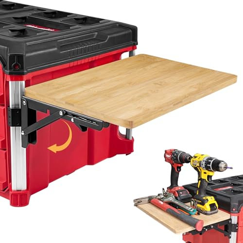 Foldable Bamboo Table Compatible with Milwaukee Packout Toolbox,Work Table Side Storage for Your Packout System