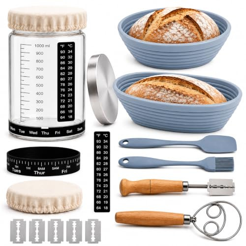 Sourdough Starter Kit – 1000 mL Sourdough Starter Jar, 2 Bread Proofing Baskets, Dough Whisk, Thermometer, Feeding Tracker, Silicone Scraper & Bread Baking Accessories for Beginners