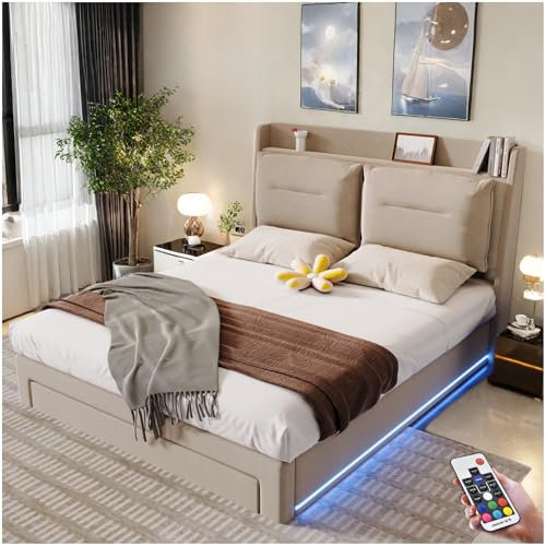 Seyakany Lit Coffre 140x190 avec Lumineux LED et tiroirs,Deux dossiers rembourrés,système hydraulique,lit avec Rangement,Cadre de lit 140x190 avec sommier à Lattes,Velours,Beige