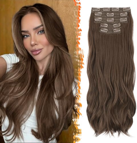 BARSDAR Clip in Extensions, 50cm Wellige Clip in Kastanien Haarverlängerungen für Frauen 5PCs Voller Kopf Natürliches Haar Synthetisches Haarteil Haarextension - Mittel Kastanien Braun