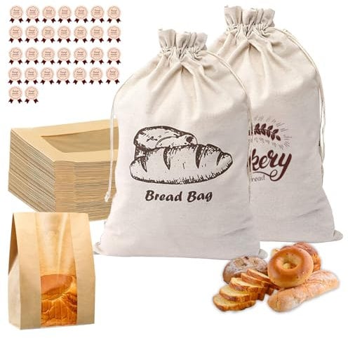 JNYLYFC 2 Pcs Reusable Linen Cotton Bread Storage Bags & 20 PCS Kraft Paper Bakery Bags with Sealing Stickers for Sourdough, Cookies, Snacks & Gift-30 x 45 & 35 x 45cm