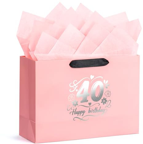 BBLIKE Geschenktüten Set 40.Geschenktüte Geburtstag Rosa Geschenktütchen mit Grußkarten und Sydney Paper Schöne Geschenkverpackung 32 ×22×11cm für Geschenk Jahrestag Muttertag Feier