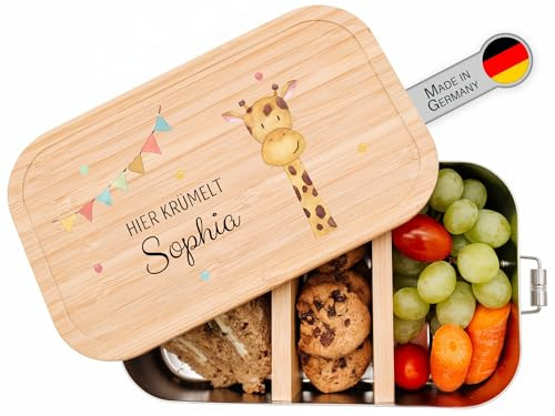 wunderwunsch Brotdose personalisiert mit Namen, Edelstahl Lunchbox | Kindergarten Brotzeitbox für Kinder mit Fächern, Metallbrotdose BPA frei, gravierte Kinder Holz Lunch-Box, Mädchen oder Junge