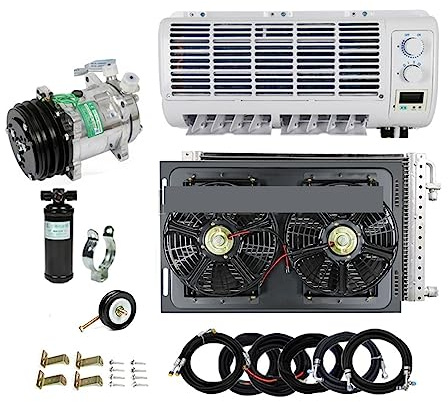 Klimaanlagen für Wohnmobile, Universelle wandmontierte Klimaanlage, 12 V bis 24 V, mit Doppelventilator for schwere Nutzfahrzeuge, Transporter, Traktoren, Bagger, technische Fahrzeuge(24V A pulley)