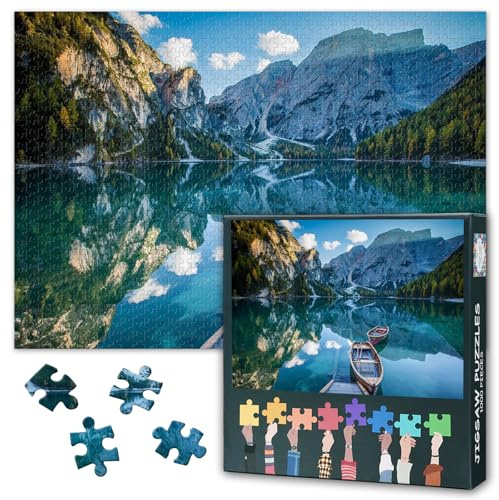 1000 Teile Puzzle: Boot am Lago di Braies (50x70cm) - Dolomiten Bergsee, Anspruchsvolle Italien-Landschaft für Experten