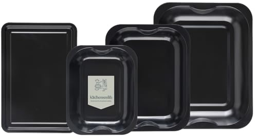 4-Pack Black Roasting and Baking Tray Set - Large Roaster (38cm), Medium Roaster (33cm), Small Roaster (28cm) & Small Tray (32cm) - Baking Tray Set Tray/Pan, Non-Stick, Multi-Pack - Dishwasher Safe