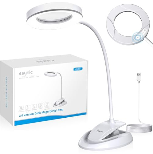 eSynic LED Lupenlampe mit Memory 5X/10X Vergrößerung – 40 LEDs Blaulichtfilter Augenschutz, 5 Farbmodi & 10 Stufen dimmbar, Schwanenhals Tischlupe mit Klemmfuß, Aluminium für Senioren Basteln Nähen
