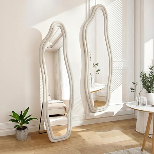 MASAJIA Miroir Ondulé sur Pied, 160 × 50 cm, Miroir Vague en Velours Forme Irrégulière, Grand Mural Miroirs, Mirroir Adulte Decoration, Suspendable Miroirs pour Salon, Chambre (Blanc 160×50 cm)