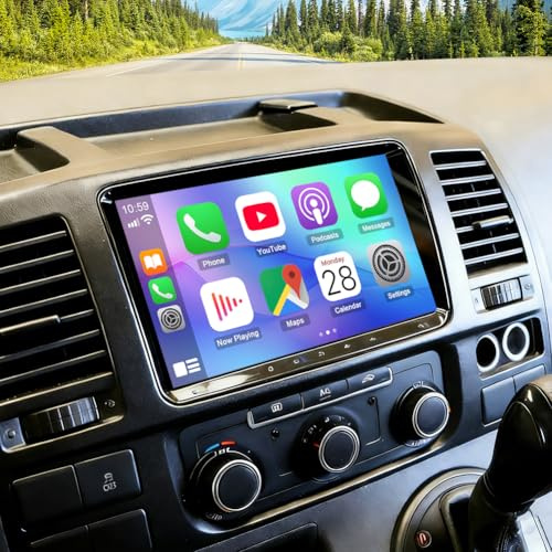 2 DIN Autoradio für VW Transporter T5 2010-2015 mit kabellosem Carplay | 2+32G Android 14 9 Zoll Touchscreen Auto Stereo Display Player Radio GPS Navigation Head Unit mit Android Auto FM RDS SWC