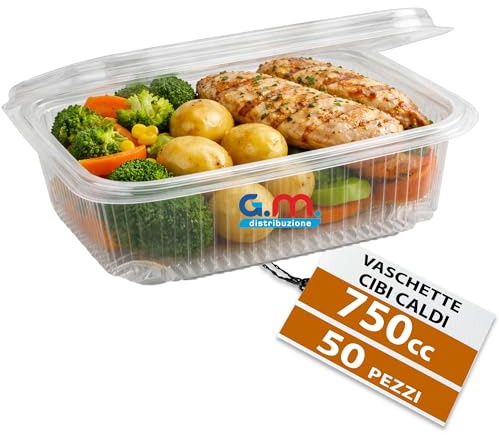 GM 50 Contenitori per microonde e uso caldo con coperchio, formato 750 ml, Vaschette termiche asporto cibi caldi, con chiusura ermetica, utilizzabili anche in congelatore, lavabili e riutilizzabili