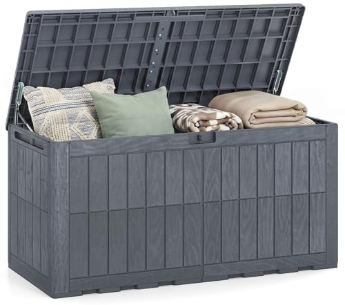 COSTWAY Gartenbox Outdoor mit abschließbarem Deckel (Grau,455 L) | Aufbewahrungsbox mit Gasdruckfedern & Griffen, wetterfeste Auflagenbox Kissenbox für Garten, Terrasse & Balkon
