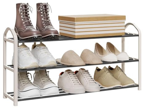WOLTU Schuhregal mit 3 Ebenen, Schuh Ständer Regale, Schuständer aus Metall, Schuhablage für 12 Paare Schuhe, Schuh-Organizer, Creme+Schwarz