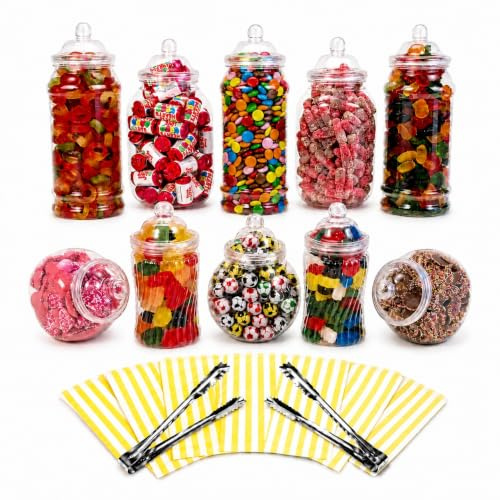 Truly Sweet Candy 10 Assorted Plastic Sweet Jars, 2 tongs, 50 Bags for Parties, Weddings, Candy Buffet (Yellow)