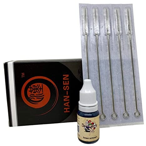 1 x REACH-konforme deutsche Tattoofarbe Schwarz 10 ml von Sailor Jerry und 5 Stück Tattoonadeln 3er Rund Liner (round liner) von HAN-SEN, Starter Kit für Stick and Poke, deutsche Tattootinte