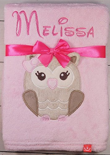 ★ Babydecke mit Namen und Datum Bestickt ★ Baby Geschenke ★ Geburt ★ (Rosa - Eule)