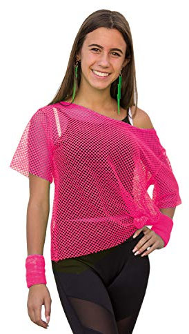 Oblique Unique® Netzshirt Damen 80er Jahre - Neon Grün & Pink – Sexy Netzoberteil, Netztop und Netzhemd für Frauen – Kostüm für Party, Fasching, Karneval, Festival Outfit und Clubwear – Größe 38-42