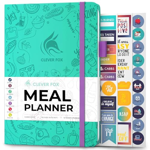 Clever Fox Wöchentlicher Essensplaner – Wöchentliches & tägliches Meal-Prep-Journal mit Einkaufsliste für Menüplanung, gesunde Ernährung & Gewichts-Tracking, reicht für 1 Jahr, Türkis