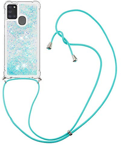 MRSTER Handykette Kompatibel mit Samsung Galaxy A21s, Glitzer Flüssig Bewegende Treibsand Handyhülle mit Necklace mask Lanyard Schutzhülle für Samsung Galaxy A21s. LP Star Blue
