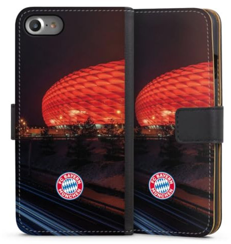 Klapphülle kompatibel mit Apple iPhone 8 Handyhülle aus Kunst Leder schwarz Flip Case FC Bayern München FCB Stadion