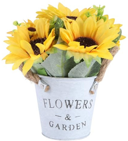 Amosfun Tournesol Artificiel en Pot Vintage avec Seau en Fer Et Corde De Jute, DéCoration Maison/Bureau, 20x20x7cm, MatéRiaux De Qualité, Facilité d'entretien, EsthéTique Vintage