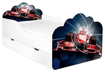 AS-TOR Kinderbett Jugendbett Pola 80x160 mit Matratze und Schublade - Bett Schlafzimmer Kindermöbel Kinderbetten für Mädchen und Junge, Hochwertige Möbelplatte, Solide und Sicher - Rotes Auto