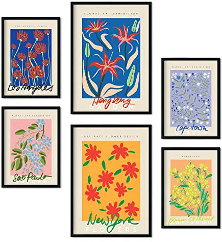 Nacnic-Set von 6 Blumengalerie Poster. Sammlung von Platten mit ästhetischer Collage für Innendekoration. Größen A3 und A4. Schwarzer Rahmen.
