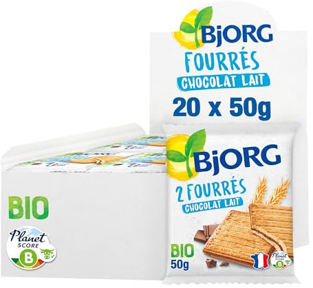 BJORG - Biscuits Fourrés Chocolat Lait - Format Pochon - Biscuits Bio - Sans Huile De Palme - Fabriqué En France - 50 g - lot de 20 (total de 1 kg)