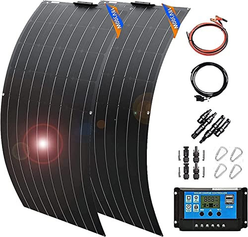600W Kit De Panel Solar Flexible Módulo Fotovoltaico Monocristalino Placa Solar Altamente Eficientes con 40A Controlador para Vehículos Recreativos,Caravanas,Barcos,Techos A,300Wx2