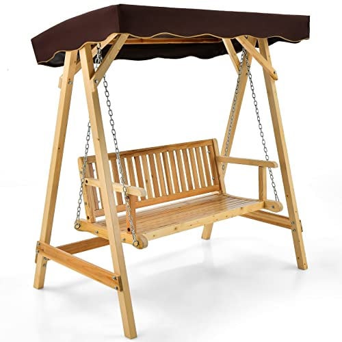 COSTWAY 2-Seater Garden Swing Chair, Wooden Hanging Hammock Bench Chair with Adjustable Canopy and Metal Chain, Outdoor Furniture Swing Seat Lounger for Patio, Backyard and Poolside