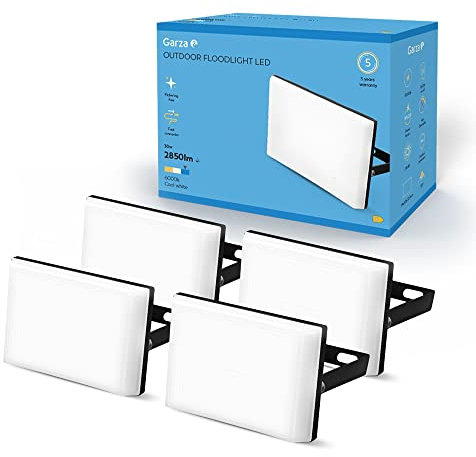 Garza - PACK 4 Focos de exterior LED Extraplano, 30W, 2850 lumenes, Luz Fría 6000K, Proyector LED Impermeable (IP65) para Casa, Jardín, Garaje, Patio