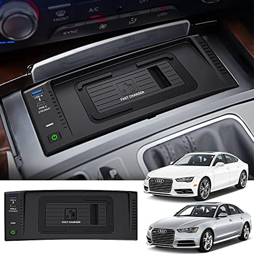 Singkin Kabelloses Ladegerät Auto für Audi A6 S6 RS6 2012-2018 A7 S7 RS7 2009-2018, 15W Schnellladendes Handy-Ladegerät für Audi A6 C7 Zubehör mit 27W USB-A & Type-C für iPhone 14 13 Pro 12 Galaxy