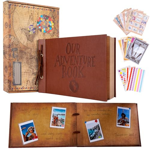 Our Adventure Book Scrapbook Photo Album, 30 x 19cm 80 Pages, 3D Embossed Words Leather Hard Cover Travel Scrapbook for Anniversary, Wedding,Valentines' gifts, Christmases, Mother's Day Gift etc