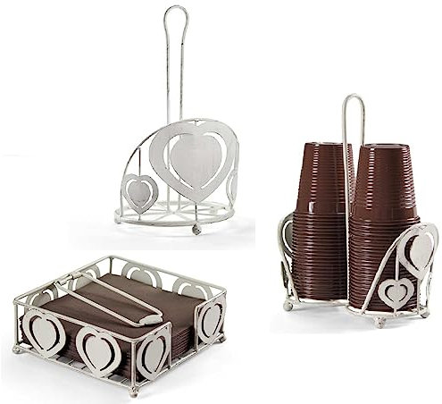 EDITACASA - Set 3 pezzi Porta Bicchieri, Porta Tovaglioli e Porta Rotolo- in metallo il set- kit segue uno stile shabby chic anticato
