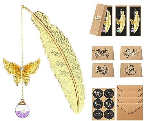 homicozy 3 Stück Lesezeichen Feder Metall, Schmetterling Lesezeichen mit Grußkarte und Trockener Blume Anhänger, Bookmark Geschenk für Lehrer, Mutterta, Hochzeitssaison(Goldene)