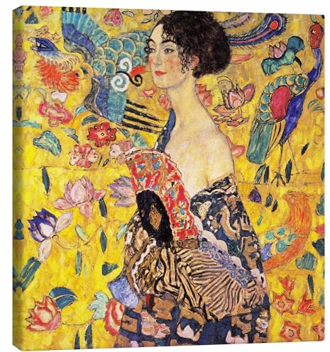 Posterlounge Dame mit Fächer Leinwandbild von Gustav Klimt 30 x 30 cm Bunt Wandbilder Wanddeko