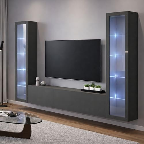 Dmora - Ausgestattete Wand Gino, 3-türiges TV-Ständer-Wohnzimmerset, Mehrzweck-Wohnzimmermöbel mit Vitrine und LED-Licht, 100% Made in Italy, 260 x 30 x 180 cm, Anthrazit,