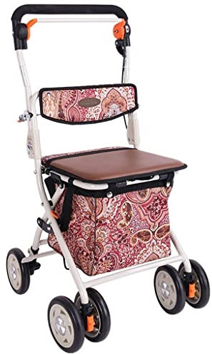 Rollatoren Einkaufswagen für ältere Menschen, faltbarer Rollator mit Bremsvorrichtung, Mehrzweckwagen mit weicher Rückenlehne, Sitz, Einkaufswagen mit Einkaufstasche (Größe: 92 cm)