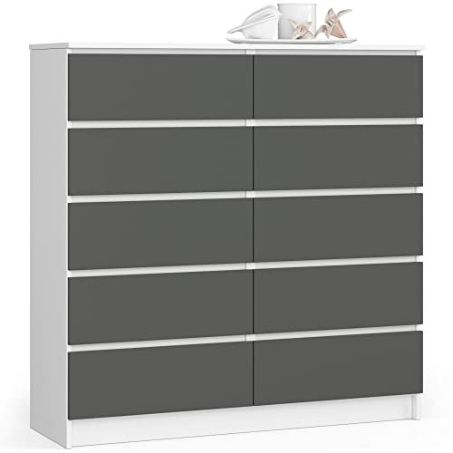 AKORD Commode K 120 cm 10 Tiroirs pour Salon| Chambre | Meuble Salon Design Moderne Fonctionnel 16mm Panneau Stratifié | Couleur Blanc-Gris Graphite