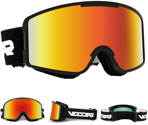 Vgooar Ski Goggles, OTG Cylindrical Lens Ski Goggles with Adjustable Long Straps, 100% UV Protection Anti Fog Snow Goggles for Men Women (Red)