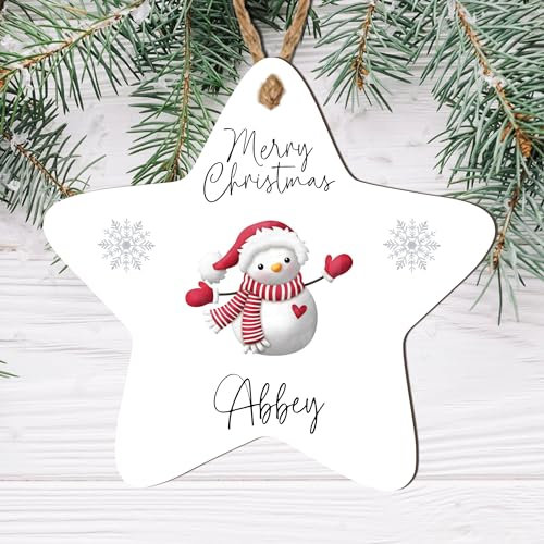 Personalised 'Merry Christmas' Tree Bauble - 8 Designs to Choose from - Custom Name Decorations - Holiday Keepsakes - Gift for Kids, (Mdf Wood Indoor Use Only, Snowman with Red Scarf)