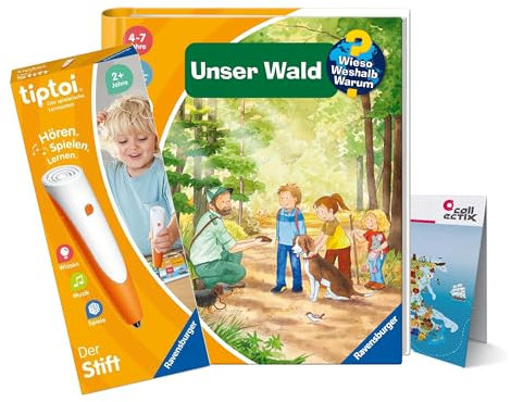 tiptoi Ravensburger Set: Wieso? Weshalb? Warum? Unser Wald + 00110 Stift + Kinder-Weltkarte, Lernspielzeug für Kinder