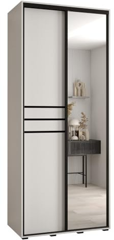 MEBLE KRYSPOL Davos 11 110 Schrank mit Zwei Schiebetüren für Schlafzimmer - Moderner Schrank mit Spiegel, Kleiderstange und Regalen - 235,2x110x45 cm - Weiß Weiß Schwarz