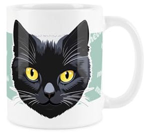 Purely Home Black Cat Mug - Cartoon Fun Novelty Gift for Cat Lovers - Tea/Coffee Ceramic White Cup