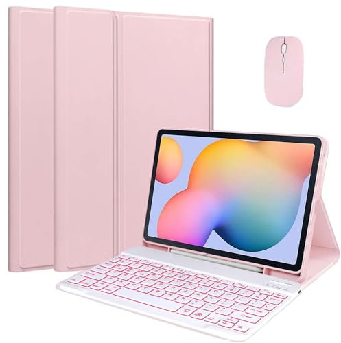 HEUCYL Funda con Teclado para Samsung Galaxy Tab S10+/Tab S9 FE+/S9+ 2023/S8+ /S7 FE /S7+ 12.4 2023 Tableta, Teclado Retroiluminado 7 Colores Teclado Español Ñ Inalámbrico Desmontable,Rosado