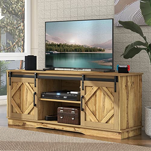 Lexiou Großer TV-Schrank Sideboard Entertainment Center mit 2 klassischen Schiebetüren Einstellbare Regale für Wohnzimmer Esszimmer Landhaus Modernes Design 150x40x60cm (Braun)