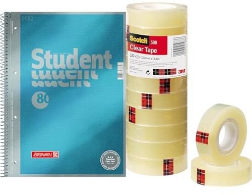 Brunnen 1067147 Notizblock/Collegeblock Dotted Premium Deckblatt, 1 Stück cyan-metallic & Scotch Transparentes Klebeband 508-10 Rollen