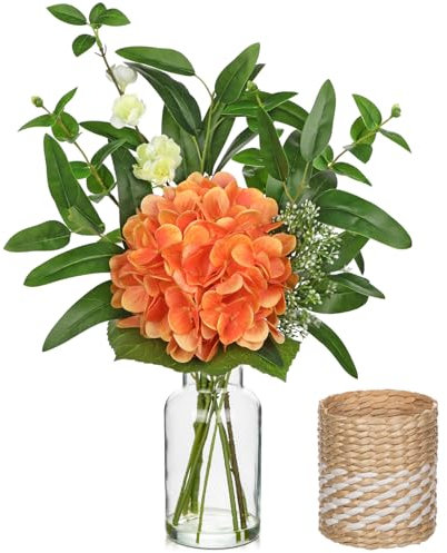 Hollyone Artificial Flowers in Glass Vase with Rattan Sleeve, 43CM Fake Hydrangeas Orange Floral Arrangements for Decorations, Faux Flowers for Graves, Home Decor, Living Room, Bathroom